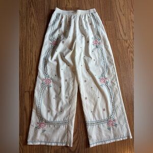 Mable Embroidered Wide Leg Pants White Floral Design Medium Anthropologie Boho